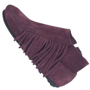 Minnetonka Lacy Fringe Suede Ankle Boot  Size 9 Burgundy Moccasin Side Zip 656S